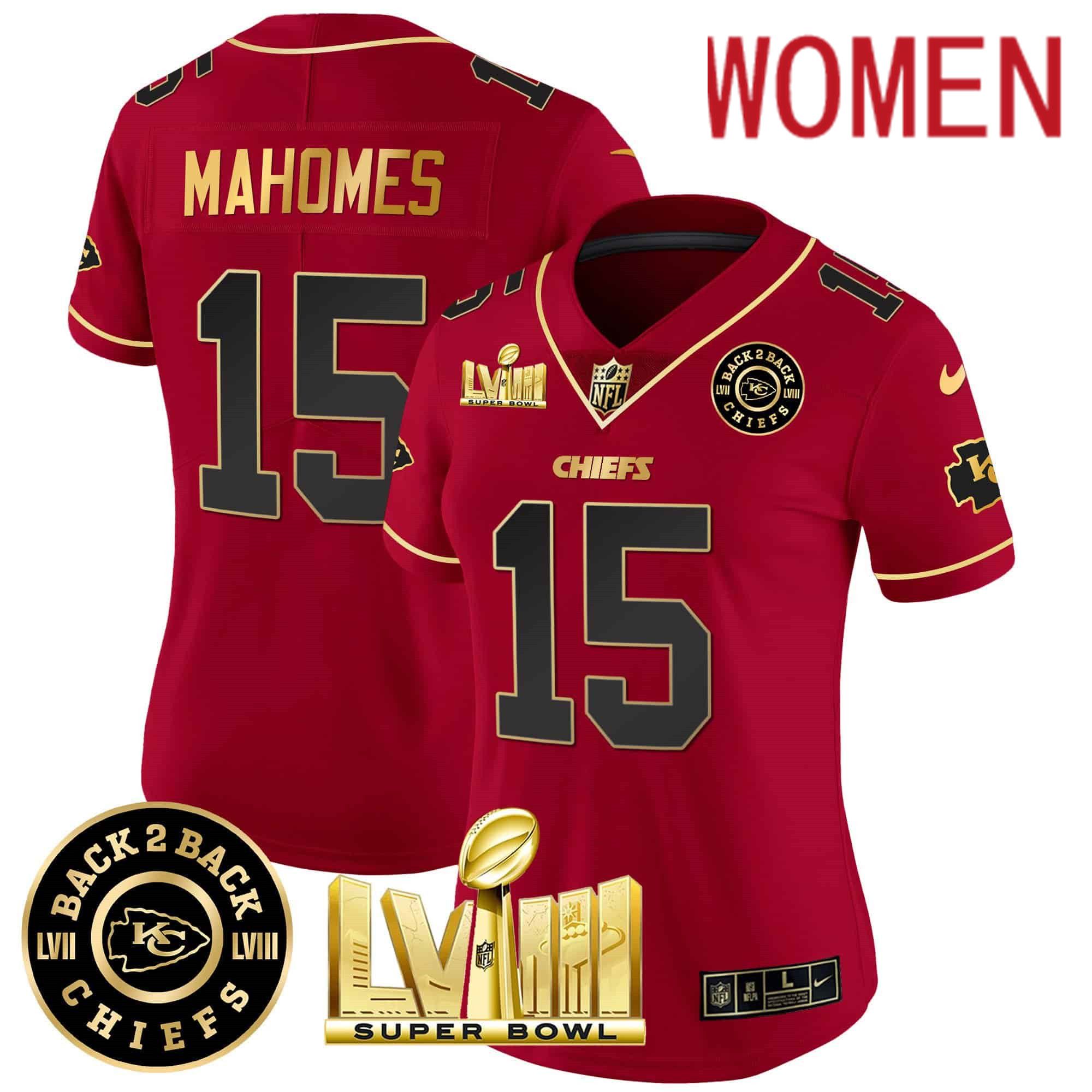 Women Kansas City Chiefs #15 Mahomes Red 2024 Nike Super Bowl LVIII & Back-2-Back Patch Vapor NFL Jersey style 2